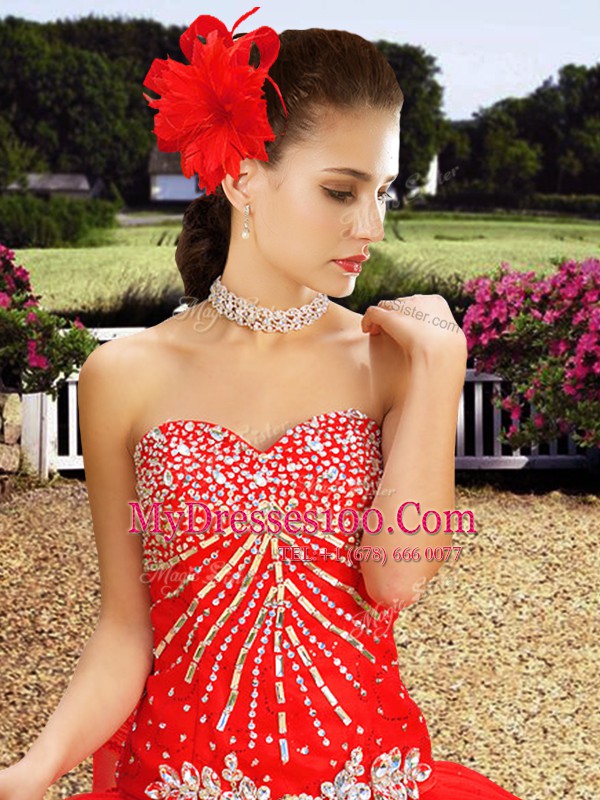 Deluxe Tulle Sleeveless With Train Quinceanera Gowns Watteau Train and Beading and Lace