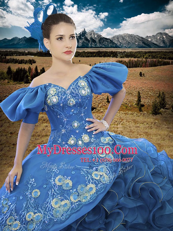 Classical Off the Shoulder Blue Ball Gowns Appliques and Ruffles 15 Quinceanera Dress Lace Up Organza Short Sleeves Floor Length