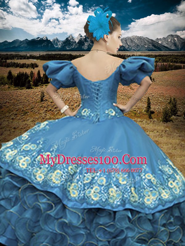Classical Off the Shoulder Blue Ball Gowns Appliques and Ruffles 15 Quinceanera Dress Lace Up Organza Short Sleeves Floor Length