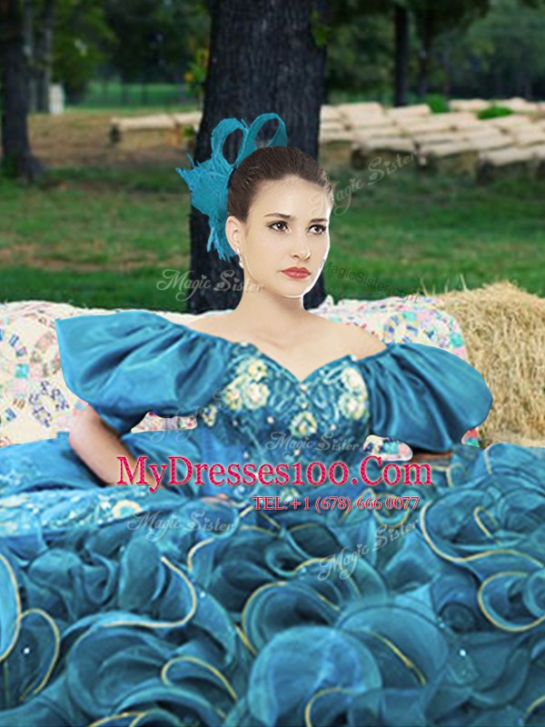 Classical Off the Shoulder Blue Ball Gowns Appliques and Ruffles 15 Quinceanera Dress Lace Up Organza Short Sleeves Floor Length