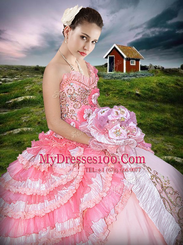 Graceful One Shoulder Pink And White Sleeveless Floor Length Beading and Embroidery and Ruffled Layers Lace Up Vestidos de Quinceanera