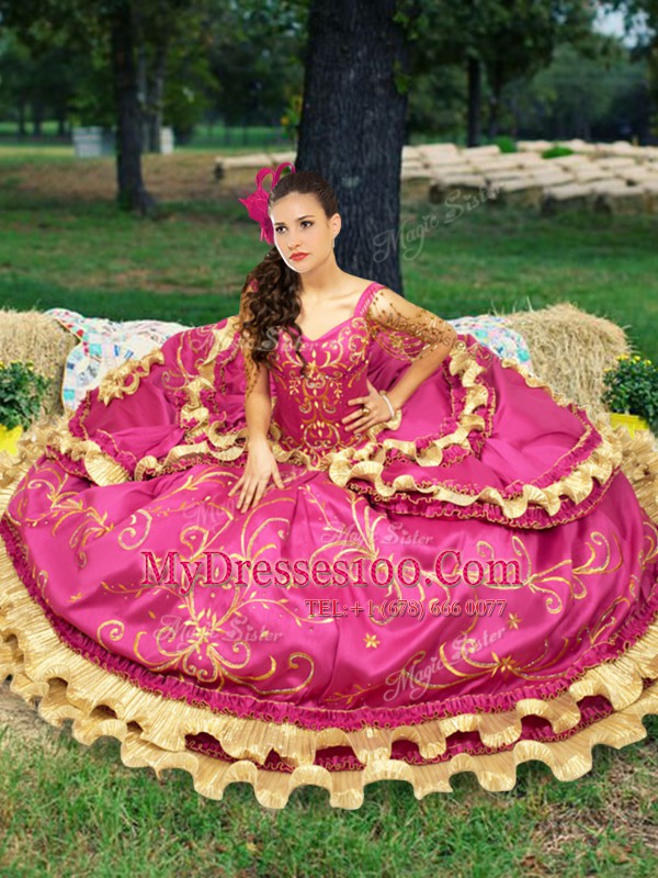Vintage Fuchsia Taffeta Lace Up Off The Shoulder Sleeveless Floor Length 15th Birthday Dress Beading and Embroidery