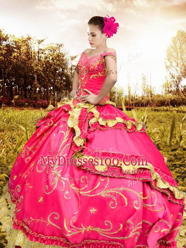 Vintage Fuchsia Taffeta Lace Up Off The Shoulder Sleeveless Floor Length 15th Birthday Dress Beading and Embroidery