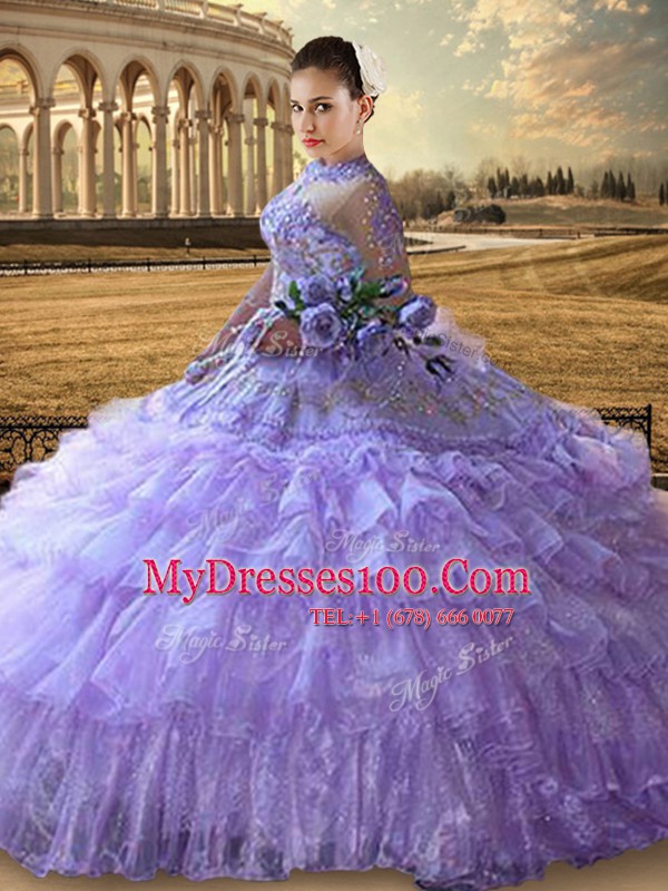 Comfortable Lavender Long Sleeves Beading and Embroidery and Ruffled Layers Floor Length Sweet 16 Dresses