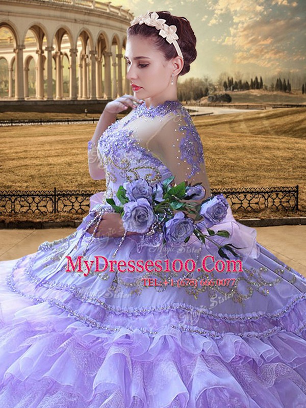 Comfortable Lavender Long Sleeves Beading and Embroidery and Ruffled Layers Floor Length Sweet 16 Dresses