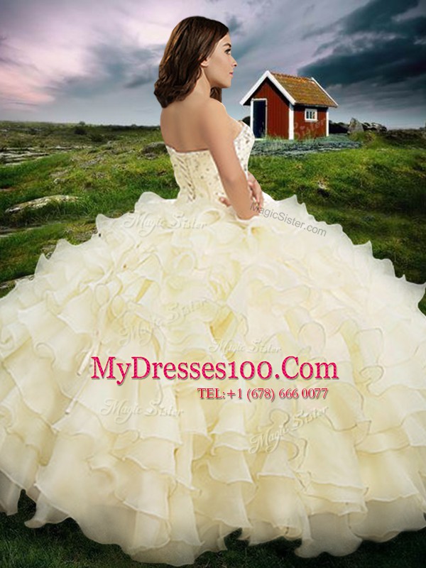 Classical Sleeveless Floor Length Beading and Ruffled Layers Lace Up Quinceanera Gowns with Light Yellow
