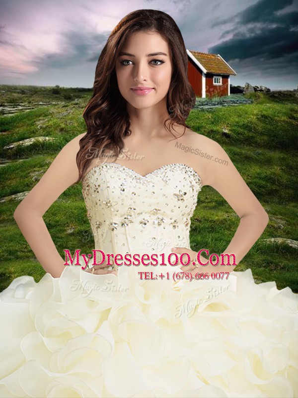 Classical Sleeveless Floor Length Beading and Ruffled Layers Lace Up Quinceanera Gowns with Light Yellow