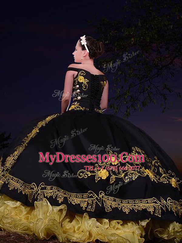 Off the Shoulder Beading and Embroidery and Ruffled Layers Ball Gown Prom Dress Black Lace Up Sleeveless Floor Length