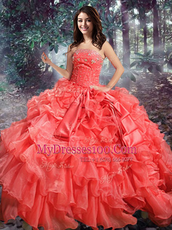 Vintage Strapless Sleeveless Lace Up Sweet 16 Dresses Coral Red Organza