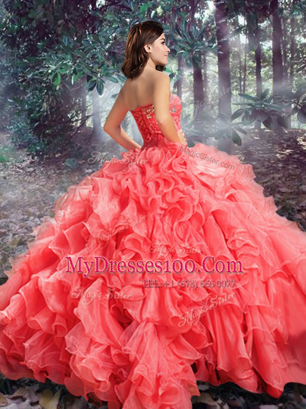 Vintage Strapless Sleeveless Lace Up Sweet 16 Dresses Coral Red Organza