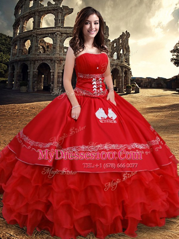 Floor Length Lace Up Sweet 16 Dresses Red for Military Ball and Sweet 16 and Quinceanera with Embroidery and Ruffled Layers