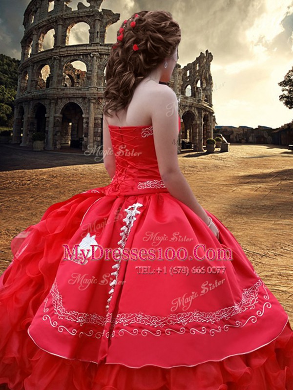 Floor Length Lace Up Sweet 16 Dresses Red for Military Ball and Sweet 16 and Quinceanera with Embroidery and Ruffled Layers