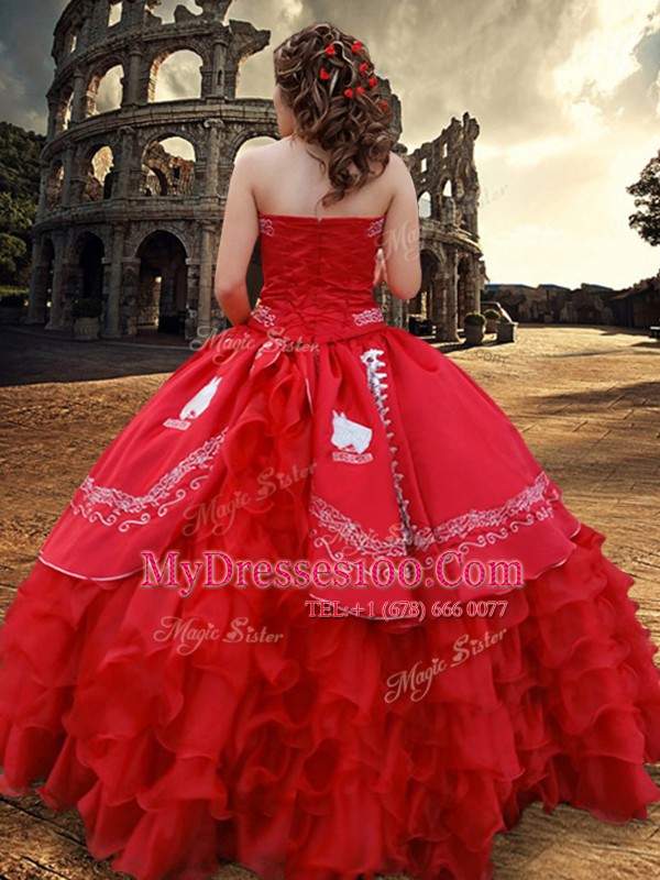 Floor Length Lace Up Sweet 16 Dresses Red for Military Ball and Sweet 16 and Quinceanera with Embroidery and Ruffled Layers