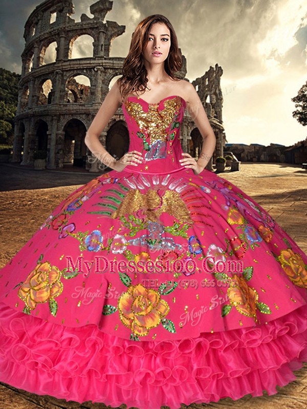 Enchanting Ruffled Floor Length Red Vestidos de Quinceanera Sweetheart Sleeveless Lace Up