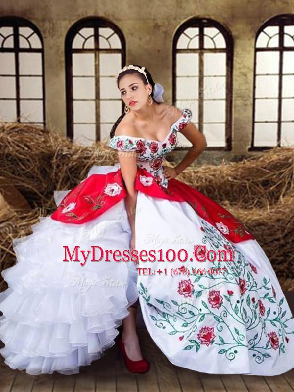 Off the Shoulder White and Red Organza and Taffeta Lace Up Quinceanera Dresses Cap Sleeves Floor Length Embroidery and Ruffled Layers