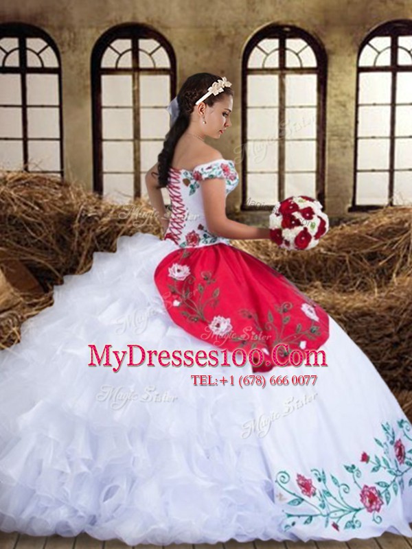 Off the Shoulder White and Red Organza and Taffeta Lace Up Quinceanera Dresses Cap Sleeves Floor Length Embroidery and Ruffled Layers