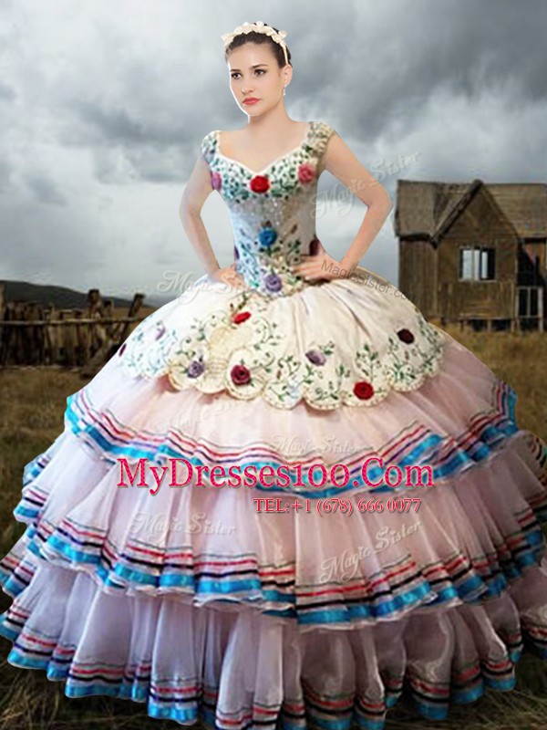 Straps Cap Sleeves Lace Up Floor Length Embroidery and Ruffled Layers Quinceanera Dress