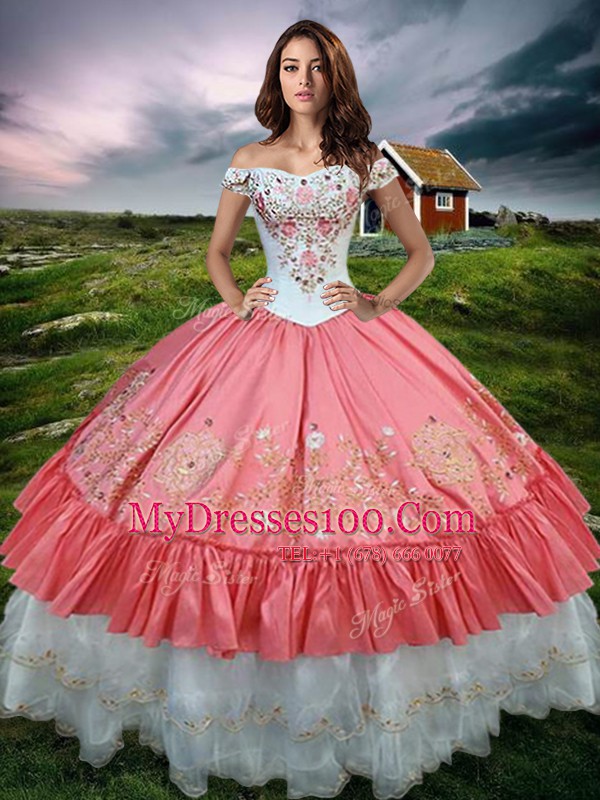 Hot Sale Watermelon Red Lace Up Off The Shoulder Embroidery and Ruffled Layers Ball Gown Prom Dress Organza and Taffeta Sleeveless