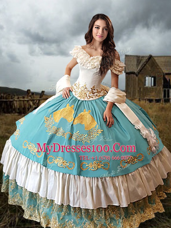 Traditional Off The Shoulder Short Sleeves Taffeta Ball Gown Prom Dress Lace and Embroidery and Ruffled Layers Lace Up