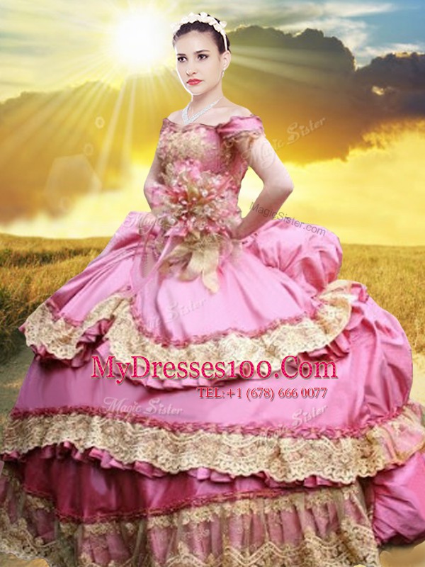Rose Pink Taffeta Lace Up Off The Shoulder Sleeveless Floor Length Vestidos de Quinceanera Lace and Appliques and Pick Ups