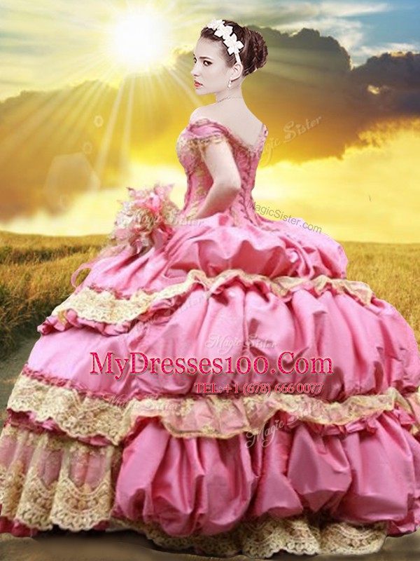 Rose Pink Taffeta Lace Up Off The Shoulder Sleeveless Floor Length Vestidos de Quinceanera Lace and Appliques and Pick Ups