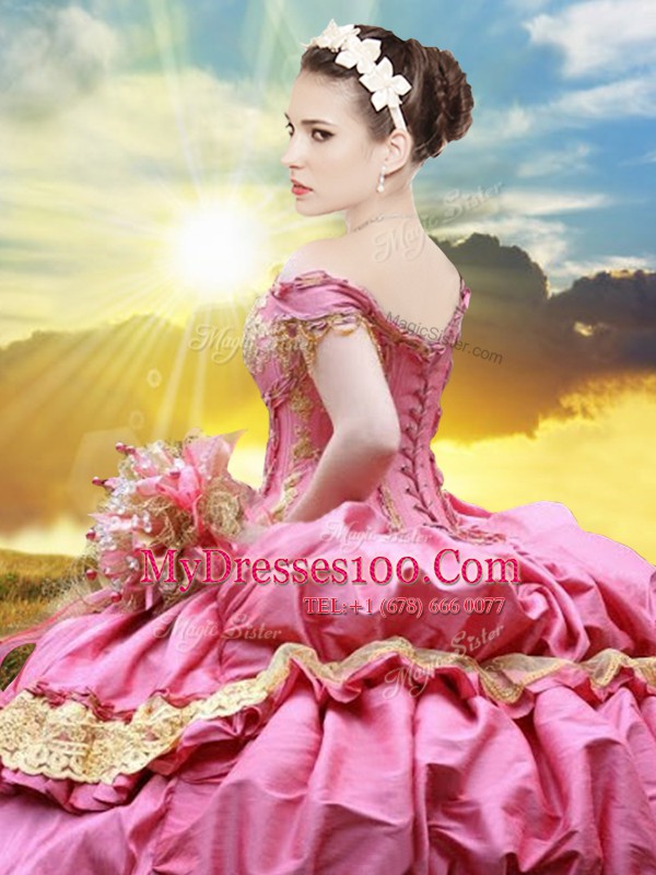 Rose Pink Taffeta Lace Up Off The Shoulder Sleeveless Floor Length Vestidos de Quinceanera Lace and Appliques and Pick Ups