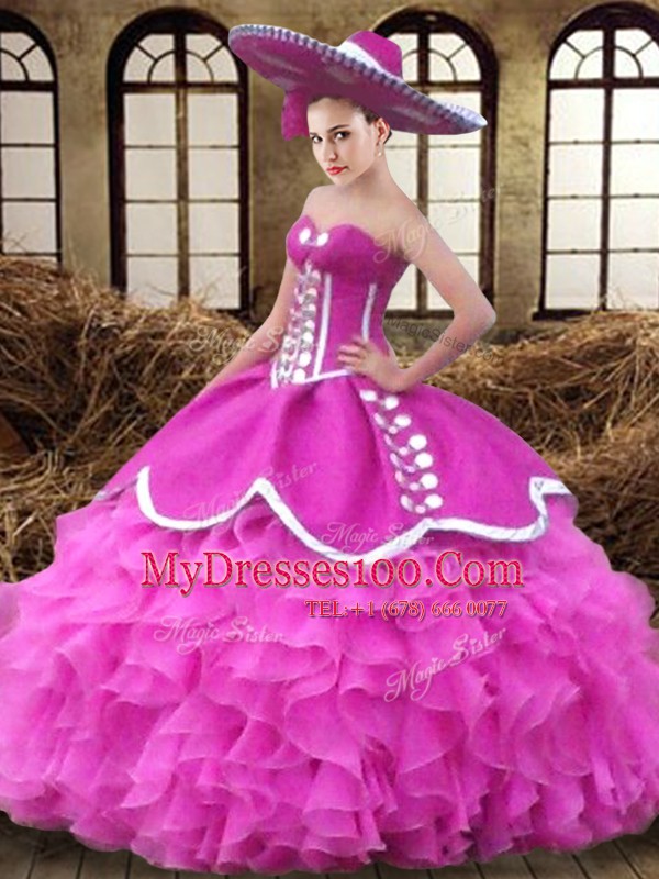 Floor Length Fuchsia Sweet 16 Dresses Sweetheart Sleeveless Lace Up