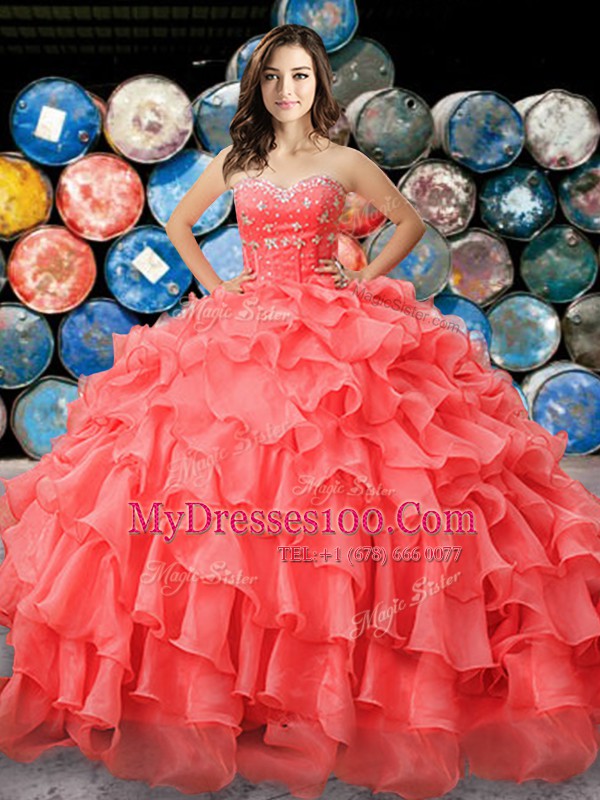 Organza Sleeveless Floor Length 15 Quinceanera Dress and Beading and Ruffles