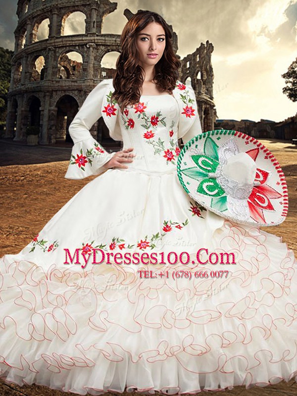 Exquisite White Strapless Neckline Embroidery and Ruffles Sweet 16 Dresses Sleeveless Lace Up
