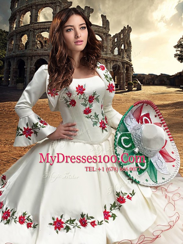 Exquisite White Strapless Neckline Embroidery and Ruffles Sweet 16 Dresses Sleeveless Lace Up
