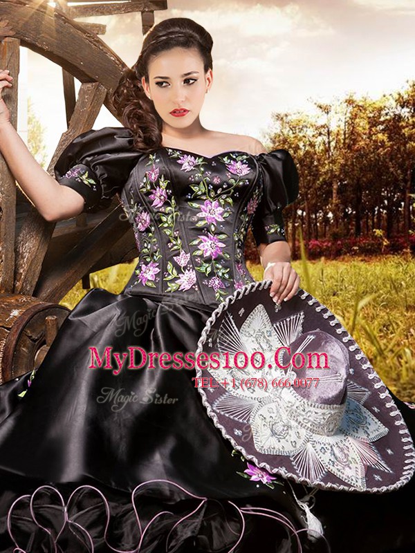 Wonderful Black Ball Gowns Off The Shoulder Short Sleeves Organza and Taffeta Floor Length Lace Up Embroidery and Ruffles Ball Gown Prom Dress