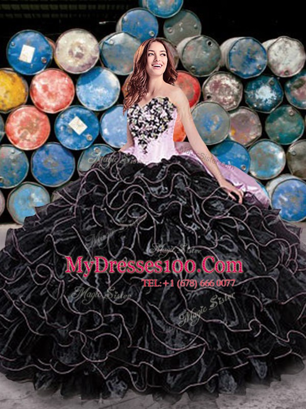 Black Ball Gowns Beading and Ruffles and Pick Ups Sweet 16 Dresses Lace Up Organza Sleeveless Floor Length