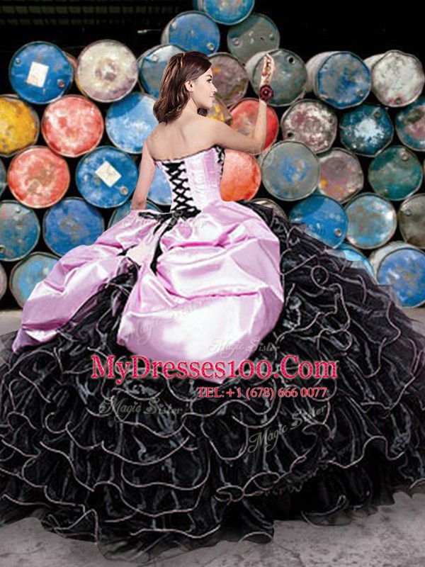 Black Ball Gowns Beading and Ruffles and Pick Ups Sweet 16 Dresses Lace Up Organza Sleeveless Floor Length