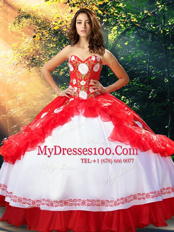 Fashion White And Red Ball Gowns Embroidery and Ruffles Sweet 16 Quinceanera Dress Lace Up Organza and Taffeta Sleeveless Floor Length