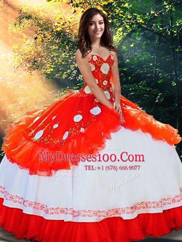 Fashion White And Red Ball Gowns Embroidery and Ruffles Sweet 16 Quinceanera Dress Lace Up Organza and Taffeta Sleeveless Floor Length