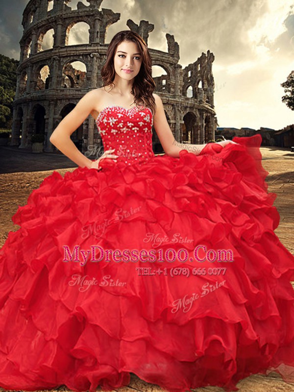 Graceful Sleeveless Organza Floor Length Lace Up Sweet 16 Quinceanera Dress in Red with Beading and Ruffles