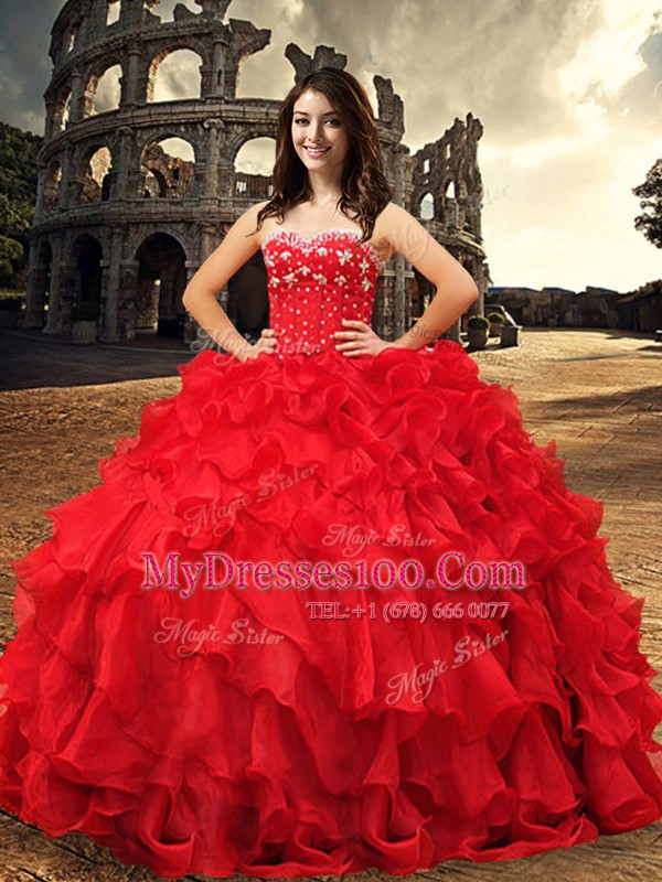 Graceful Sleeveless Organza Floor Length Lace Up Sweet 16 Quinceanera Dress in Red with Beading and Ruffles