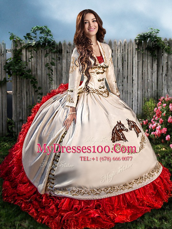 Custom Design Sweetheart Sleeveless Brush Train Lace Up Quinceanera Dresses White And Red Organza and Taffeta