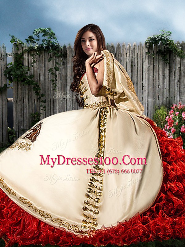 Custom Design Sweetheart Sleeveless Brush Train Lace Up Quinceanera Dresses White And Red Organza and Taffeta