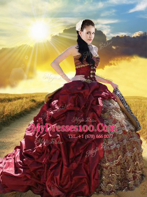 Amazing Pick Ups Ruffled With Train Burgundy Vestidos de Quinceanera Sweetheart Sleeveless Court Train Lace Up