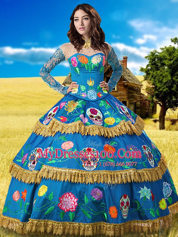 Blue Long Sleeves Lace and Embroidery Floor Length Quinceanera Dresses