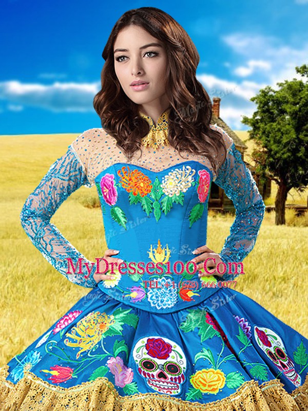 Blue Long Sleeves Lace and Embroidery Floor Length Quinceanera Dresses