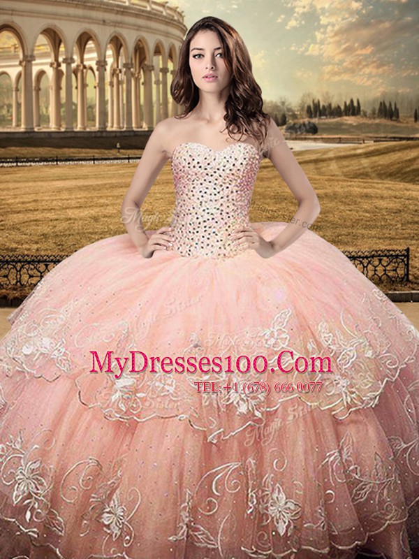 Shining Peach Lace Up Sweetheart Beading and Embroidery Sweet 16 Dresses Tulle Sleeveless