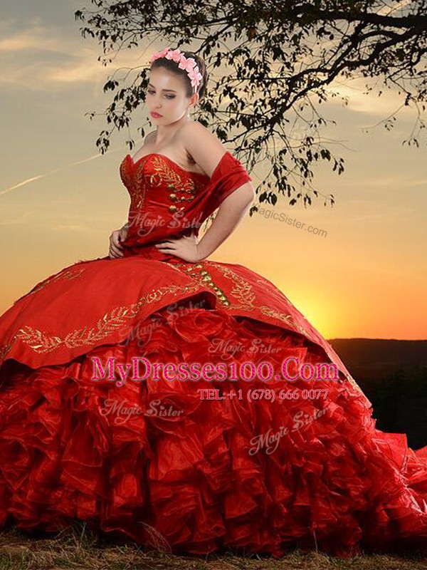 Trendy Red Ball Gowns Sweetheart Sleeveless Organza and Taffeta With Brush Train Lace Up Embroidery and Ruffles Sweet 16 Quinceanera Dress
