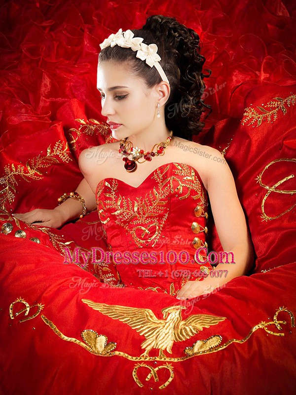 Trendy Red Ball Gowns Sweetheart Sleeveless Organza and Taffeta With Brush Train Lace Up Embroidery and Ruffles Sweet 16 Quinceanera Dress