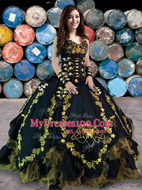 Fantastic Organza and Taffeta Sweetheart Sleeveless Lace Up Beading and Embroidery and Ruffles Ball Gown Prom Dress in Black