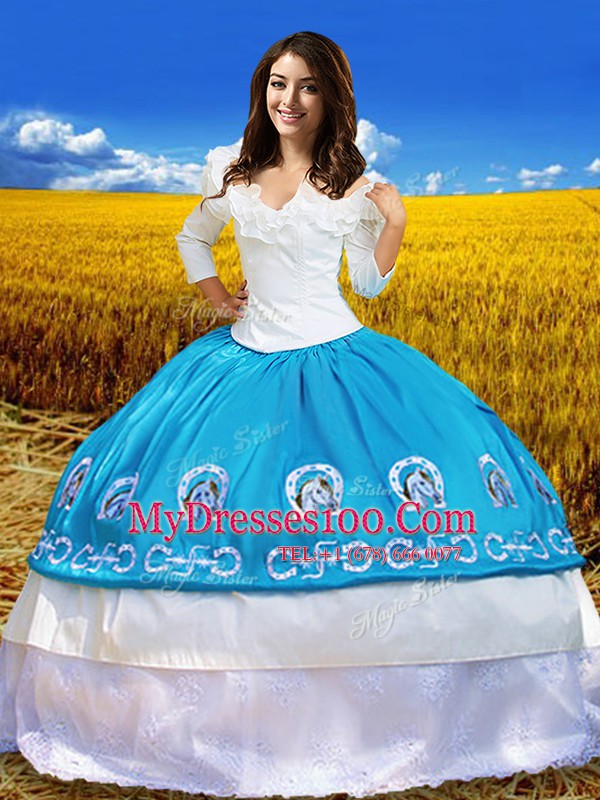 Sumptuous Off the Shoulder Lace and Embroidery 15th Birthday Dress Blue And White Lace Up 3 4 Length Sleeve Floor Length