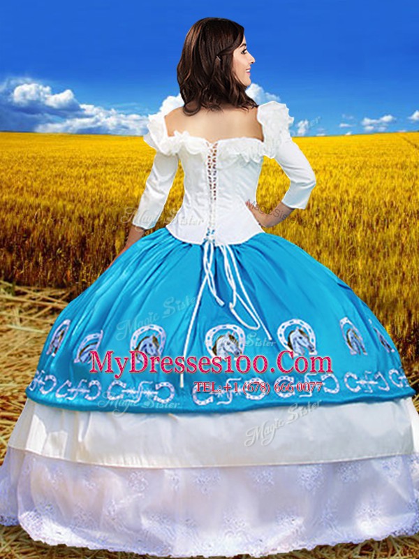 Sumptuous Off the Shoulder Lace and Embroidery 15th Birthday Dress Blue And White Lace Up 3 4 Length Sleeve Floor Length