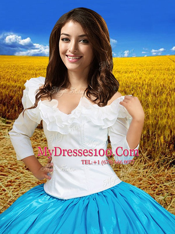 Sumptuous Off the Shoulder Lace and Embroidery 15th Birthday Dress Blue And White Lace Up 3 4 Length Sleeve Floor Length