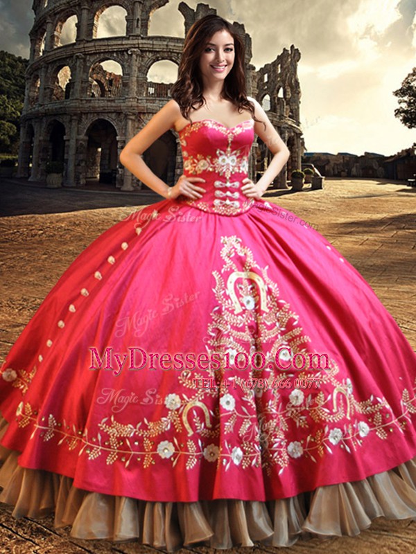 Romantic Floor Length Hot Pink Sweet 16 Dress Taffeta Sleeveless Beading and Embroidery